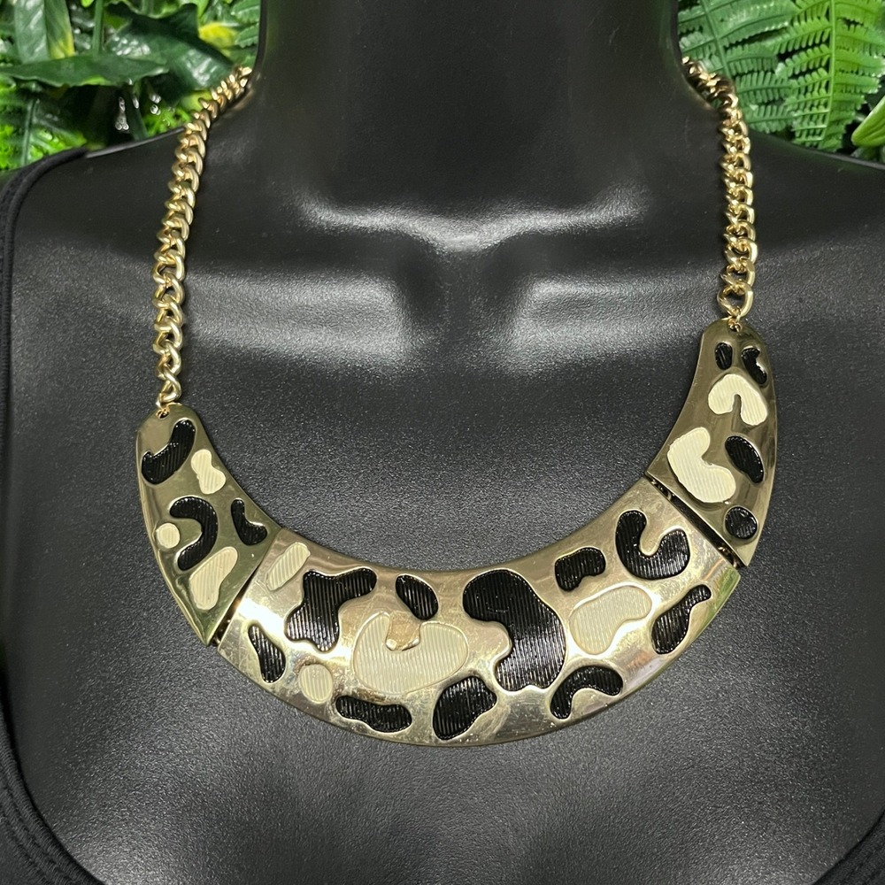 Leopard Print Necklace Gold Tone Enamel Bib Statement Black Cream Print 3980